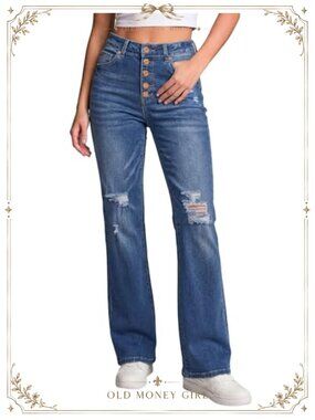 High Waisted Ripped Flare Jeans Button Fly Wide Leg Pants